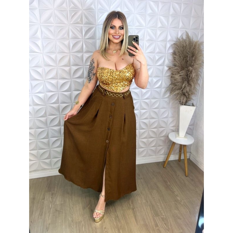 Saia Longa com Botões na Frente Moda Evangelica em Oferta na Shopee