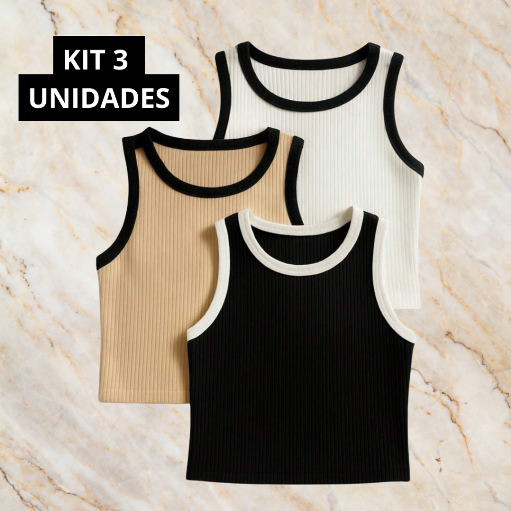 Kit Com 3 Cropped Básico Canelado Top BLOGUEIRA Regata Feminina  Regatinha Bicolor