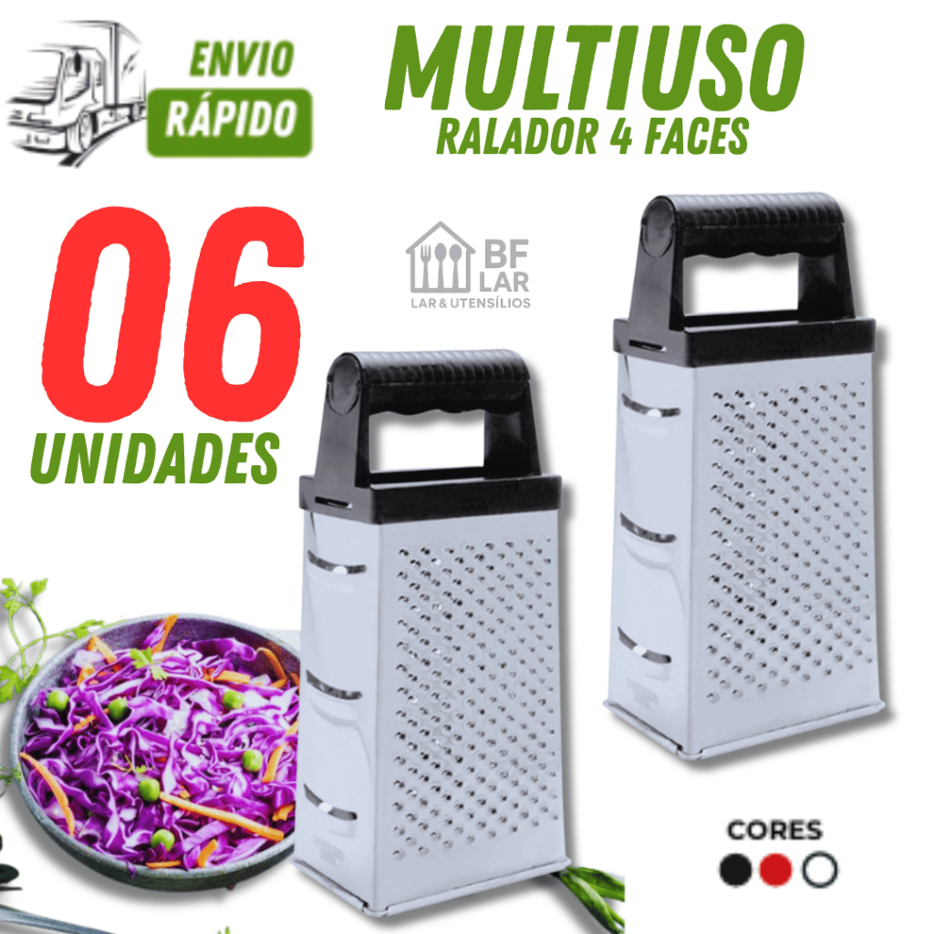 KIT 6 UNI RALADOR 4 FACES AÇO INOX CABO PLÁSTICO PARA LEGUMES VERDURAS MULTIUSO  COZINHA UTILIDADES