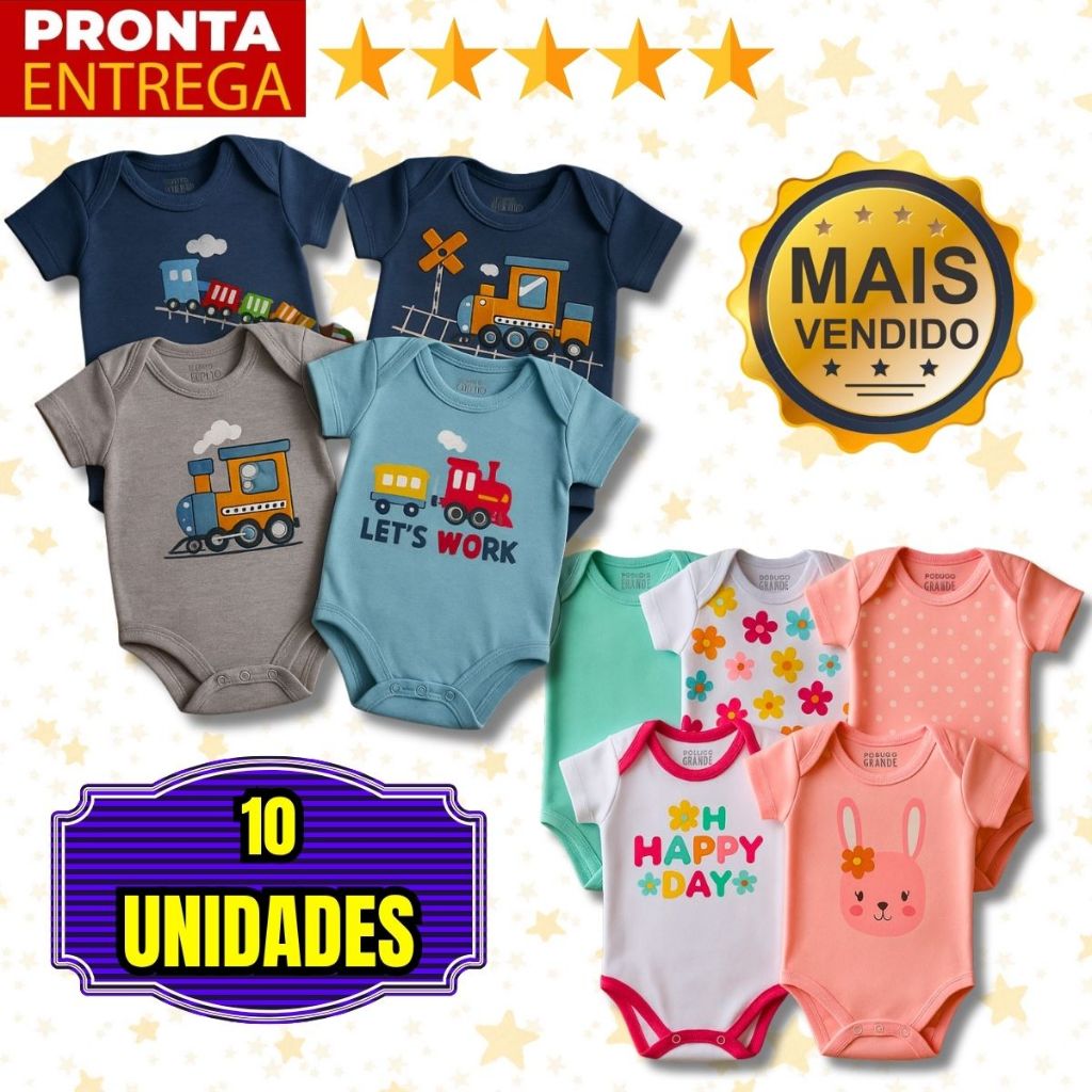 Kit 10 Peças Roupinha de Bebê Infantil Body Manga Curta Estampado
