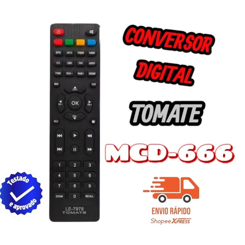 Controle Remoto Compativel Tv Conversor Tomate Mcd-666/ Mcd-800 LE-7978