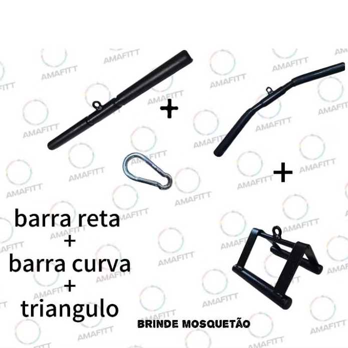 KIT PUXADOR BARRA RETA 50CM + BARRA CURVA CURTA 56CM + TRIÂNGULO COMPACTO + MOSQUETÃO ACADEMIA MUSCULAÇÃO em Oferta na Shopee