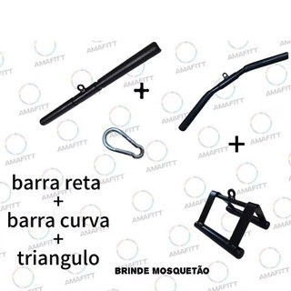 KIT PUXADOR BARRA RETA 50CM + BARRA CURVA CURTA 56CM + TRIÂNGULO COMPACTO + MOSQUETÃO ACADEMIA MUSCULAÇÃO