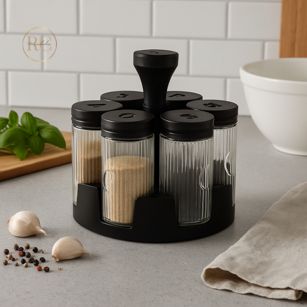 Porta Tempero Condimento com 6 Potes Vidro com Suporte Giratorio