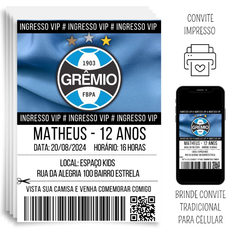CONVITE IMPRESSO PERSONALIZADO 14x10cm - GRÊMIO (INGRESSO)