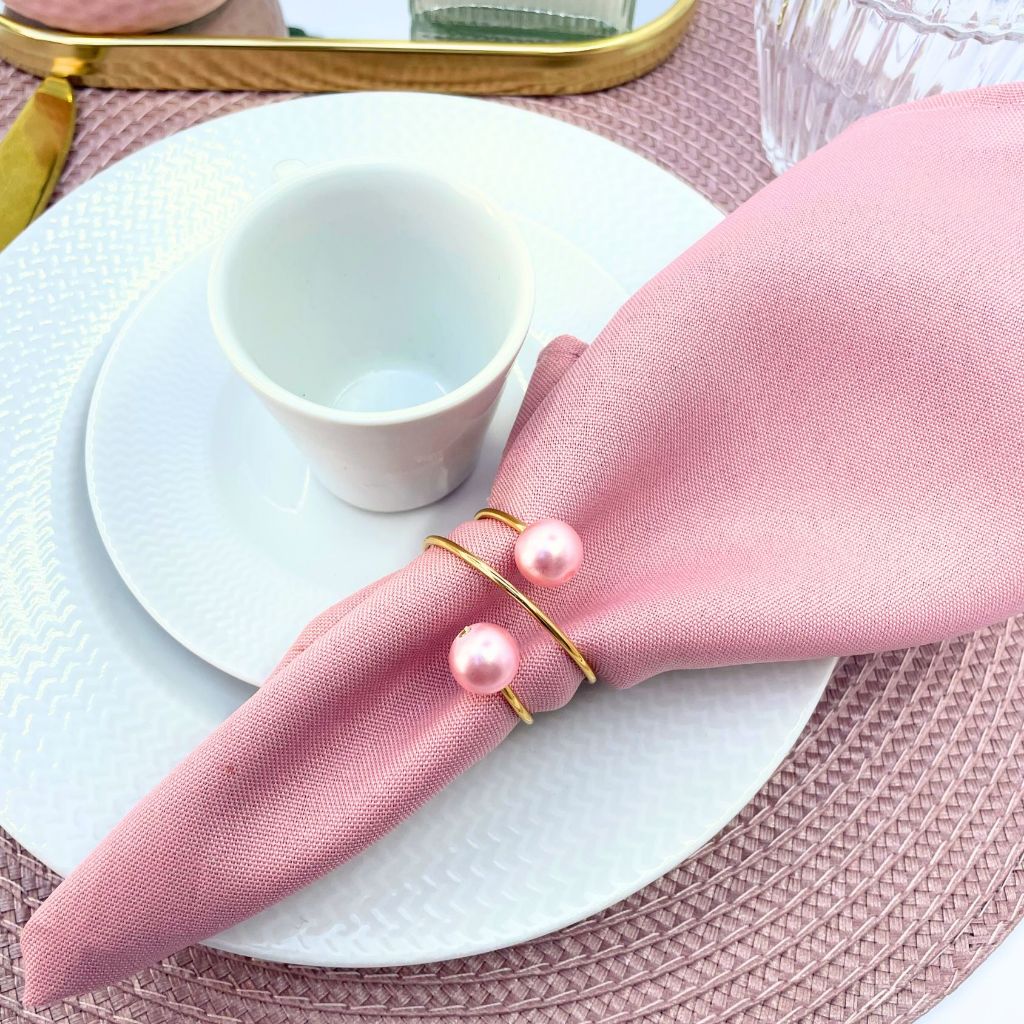 Kit com 06 ou 12 Anel Porta Guardanapo Mesa posta Metalizado com Perola Rosa