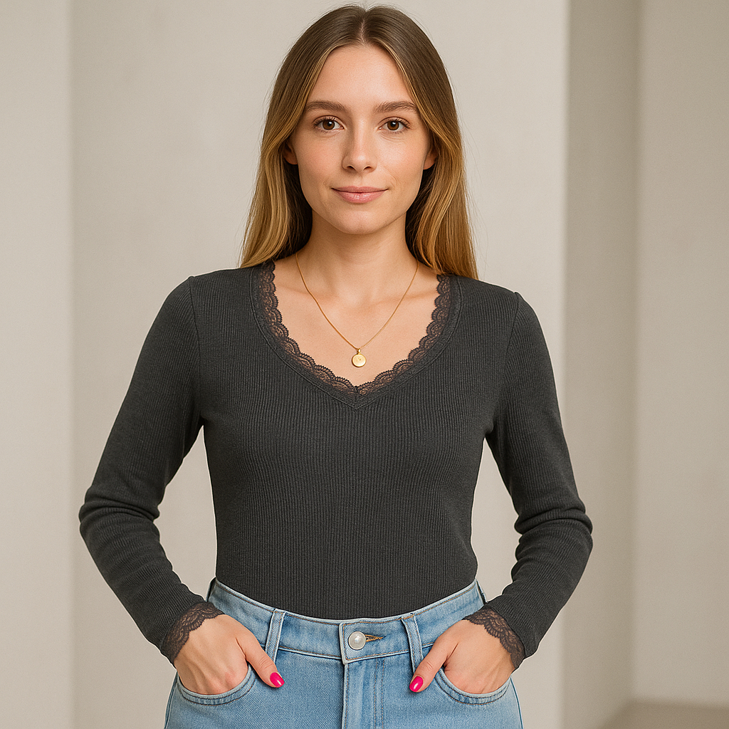 Blusa Feminina Renda Canelada Justinha Manga Longa e Decote V Básica tendência blogueira, Confortável e Delicada