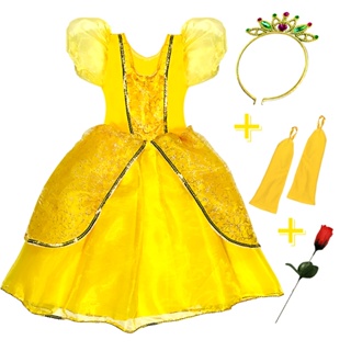 Fantasia Vestido Bela E A Fera Infantil + Rosa Coroa Luvas em Oferta na Shopee