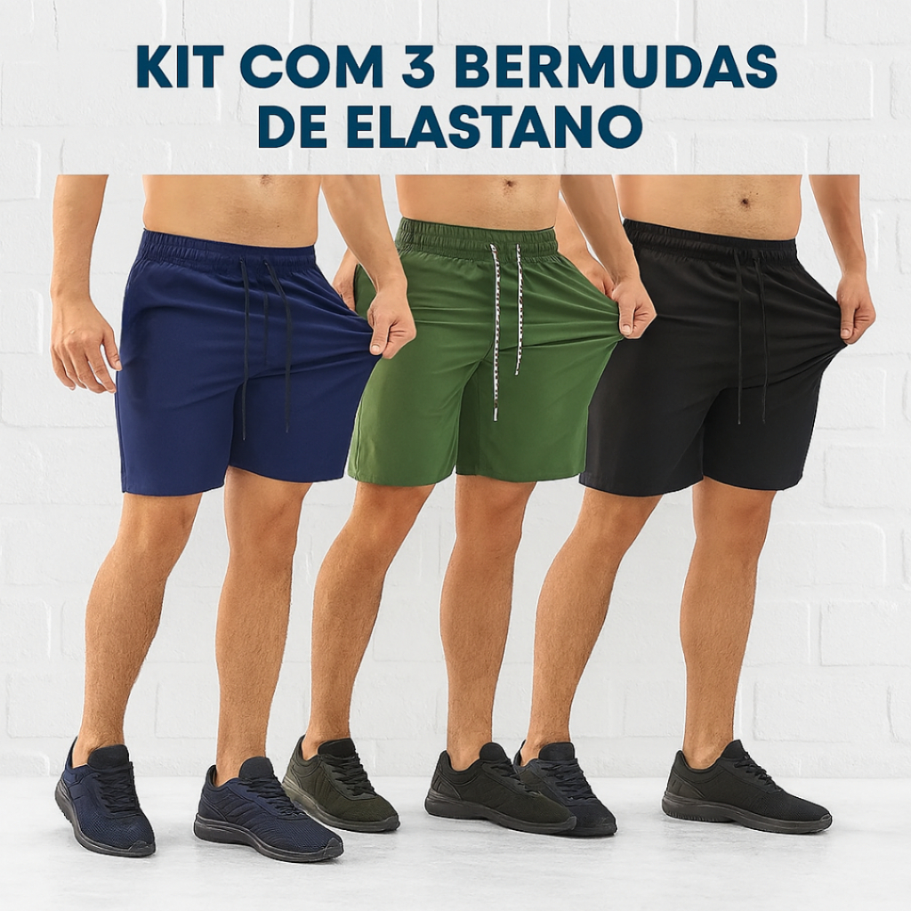 Kit 3  Bermuda Short Masculino Academia Praia Tactel Elastano Lycra Treino Esportivo Futebol