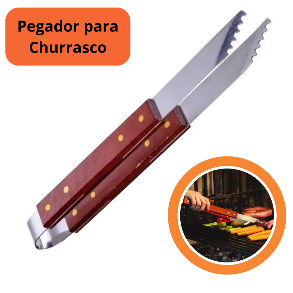 Pegador para Churrasco Cabo de Madeira Inox Longo Carnes Saladas Profissional Churrasqueiro
