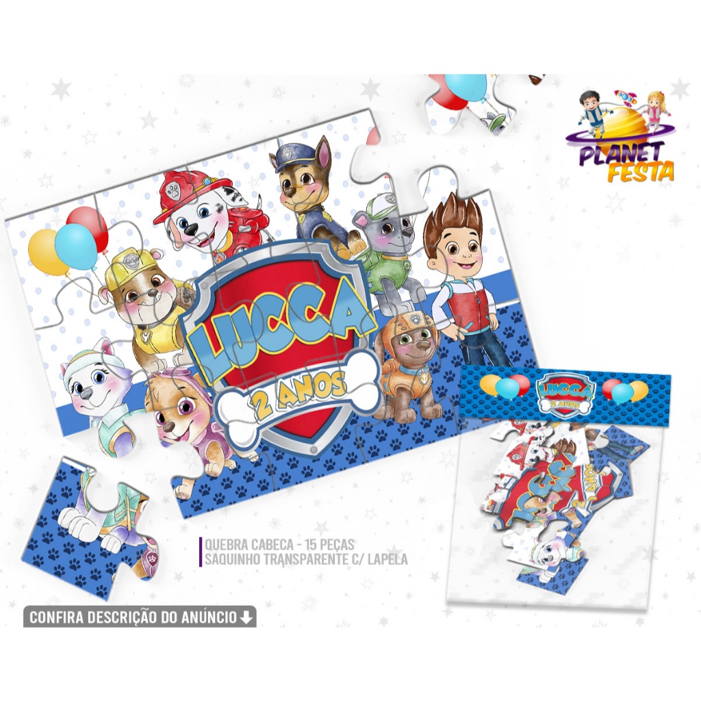 Quebra-Cabeça Personalizado Patrulha Canina Aquarela | Lembrancinha de Aniversário 15 Peças