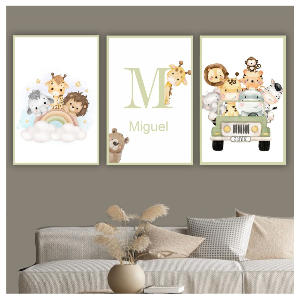 Quadro decorativo infantil com nome personalizado safari leão girafa decoração quarto menino animais em Oferta na Shopee