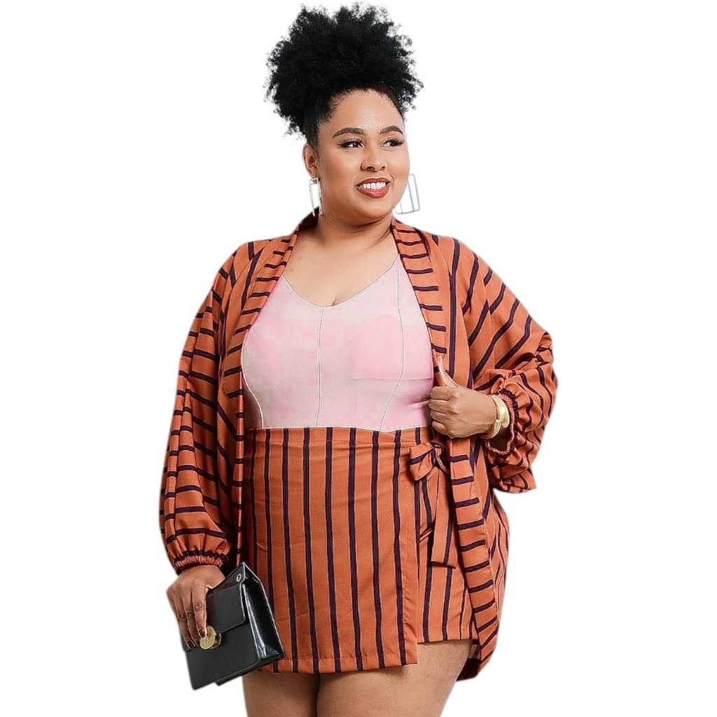 Conjunto Kimono + Shortsaia Femenino Plus Zise Atemporal Moda Blogueira Com Lastex Cintura Listrado