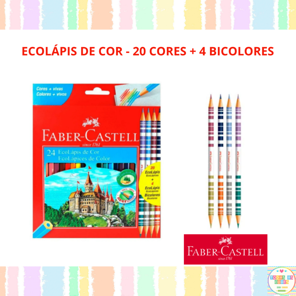 Lápis de Cor Faber Castell 24 Cores Ecolápis 20 cores + 4 Bicolores Ponta Dupla Atóxico Reciclável