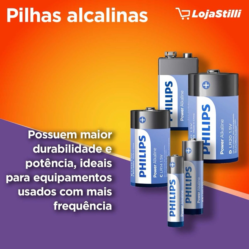 Pilha Alcalina 9V Philips Bateria 9 Volts 6LR61 6F22 kit 2 unidades