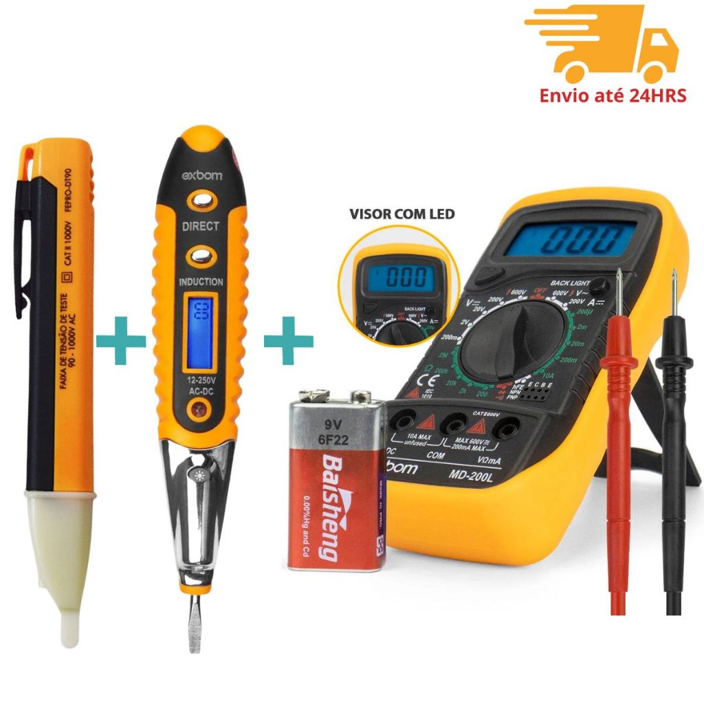 Kit 3x1 Conjunto Multimetro Digital Painel Luminoso + Chave Teste Corrente + Caneta Tensão