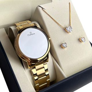 Kit Relógio Feminino Champion Original Dourado Redondo +  Colar Brinco em Oferta na Shopee
