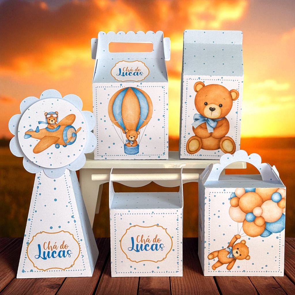 KIT FESTA CHA DE BEBE URSINHOS AZUL ,Personalizado, pegue e Monte Lembrancinhas - Aniversário - Caixinha Personalizadas