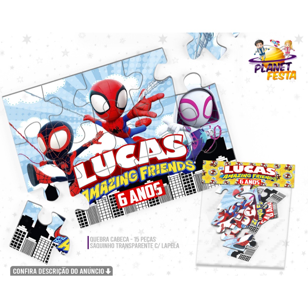 Quebra-Cabeça Personalizado Spidey Amazing Friends | Lembrancinha de Aniversário 15 Peças