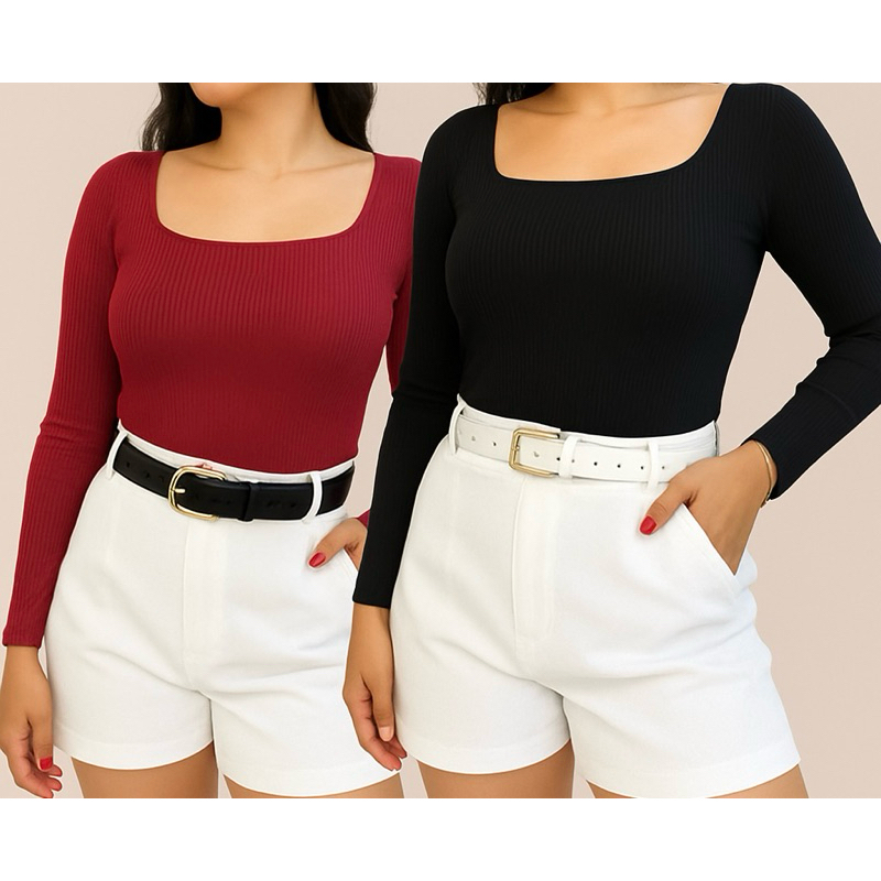 Kit 2 Blusa Feminina Manga Longa Canelada Quentinha Blusinha Inverno Segunda Pele Decote Quadrado Cores Sortidas