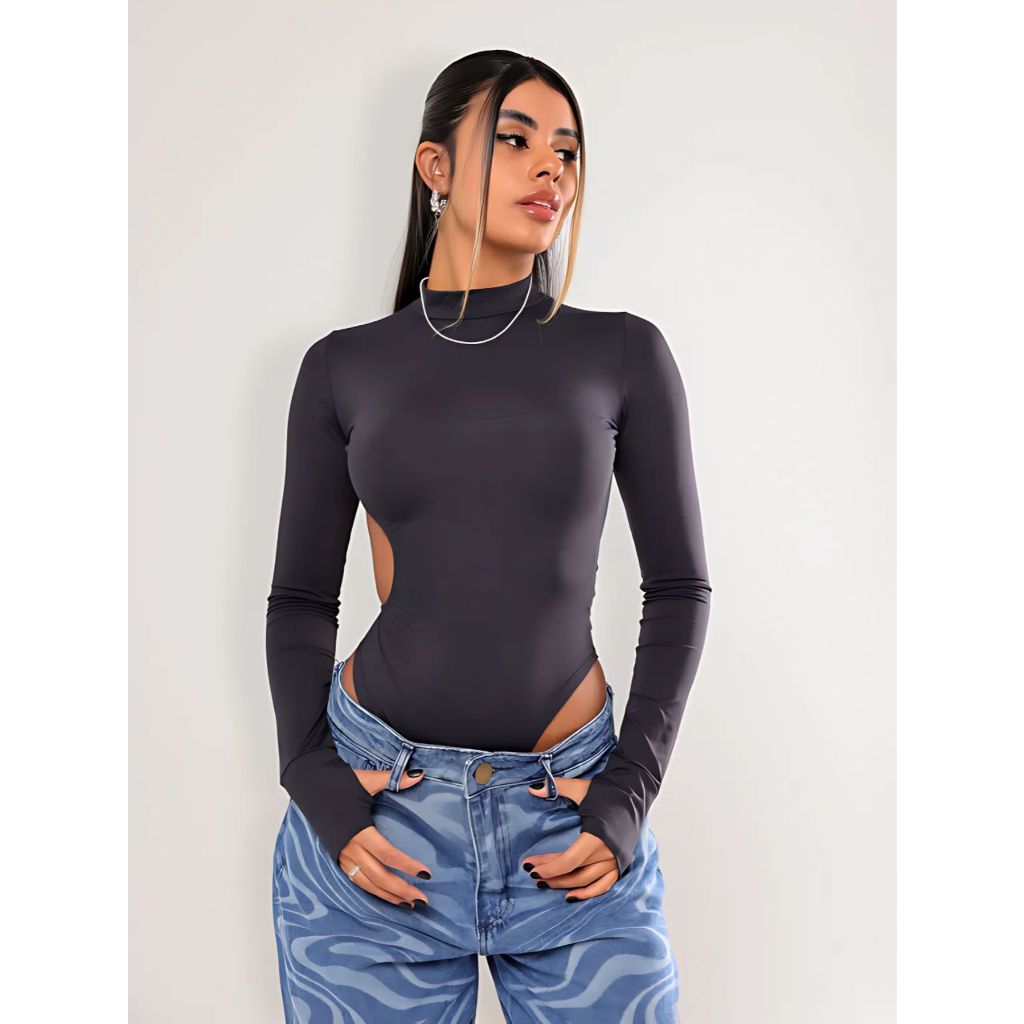 Body Costas Nuas Manga Longa Poliamida Recortes Elegante Lançamento Moda Blogueira