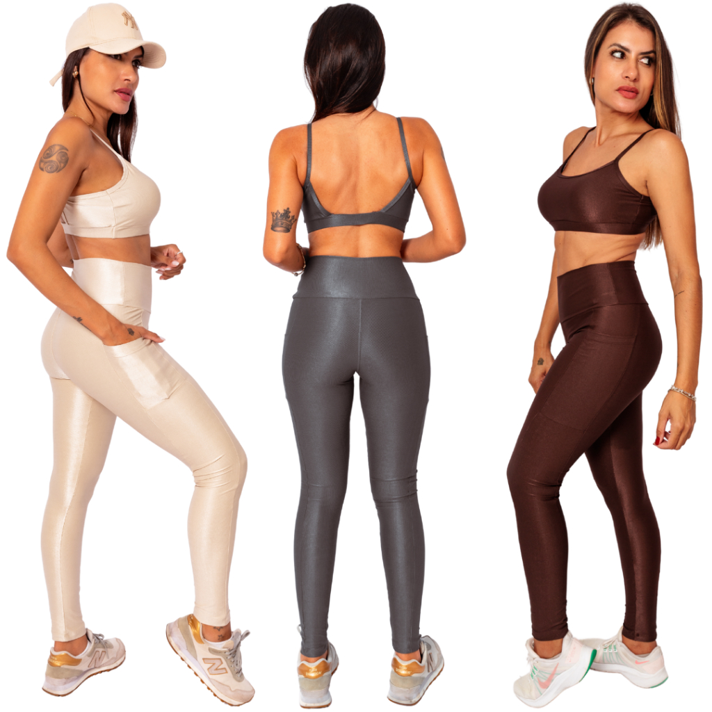 Kit 3 Conjuntos Legging Bolso  + Top Fita Costas Abertura Bojo Micro Canelado Costura Reforçada em Oferta na Shopee