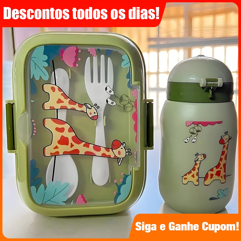 Kit Marmita Infantil com Talheres de Plástico e Garrafa de 400ml com Canudo Lancheira Esco...