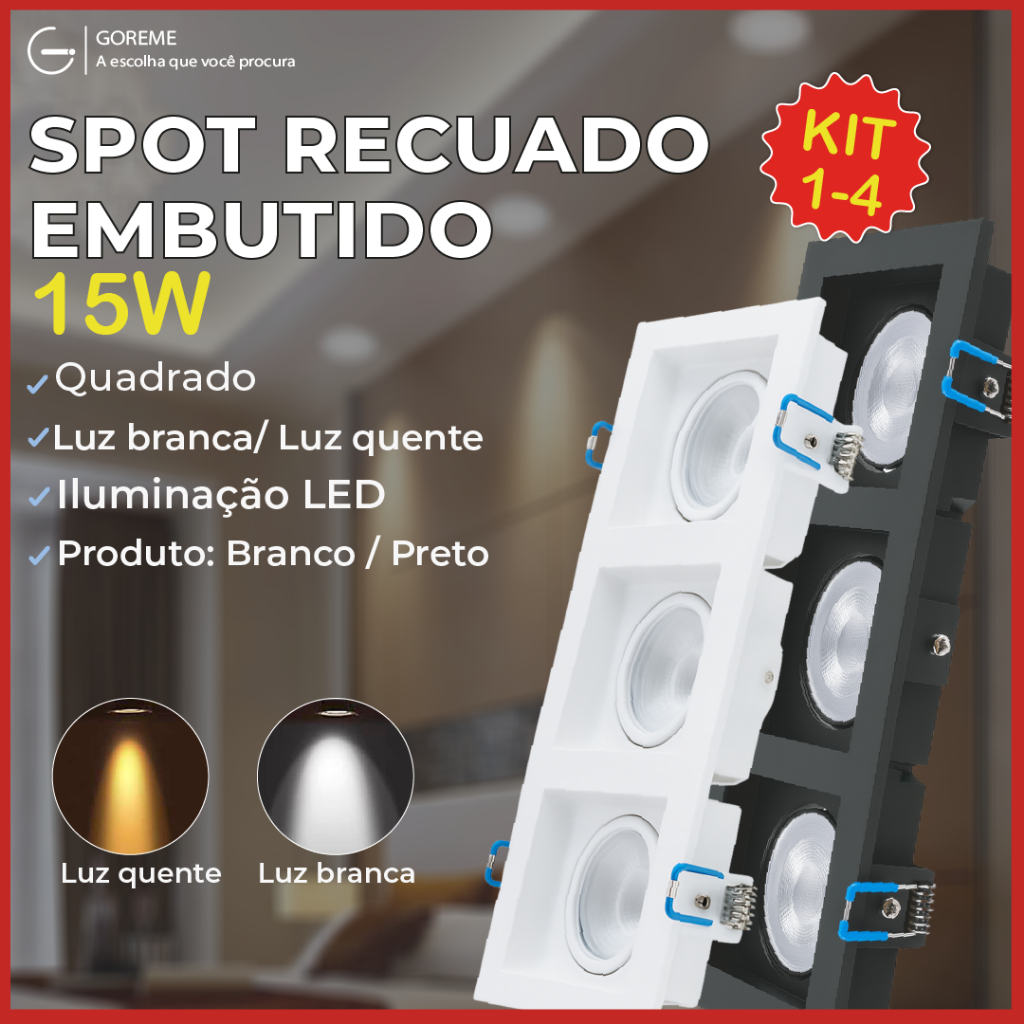 kit1/2/3/4 Spot Embutido Recuado Led 15W Triplo Preto e Branco Iluminação Branco Luz Fria e Quente Bivolt