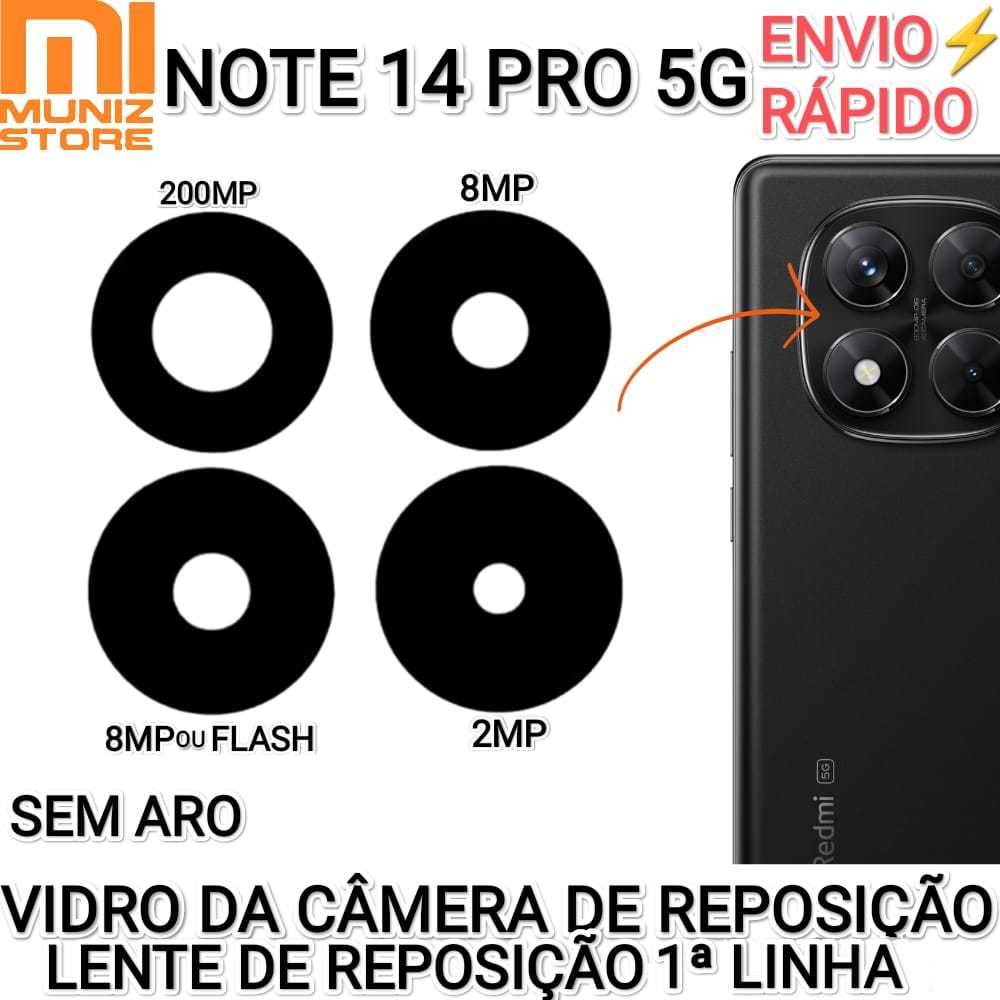 Vidro da Câmera Redmi Note 14 Pro 5G Vidros de Reposição 1° Linha Kit Proteção das Câmeras