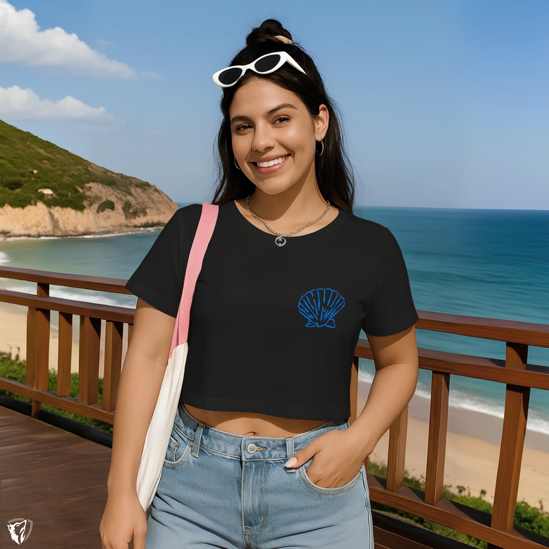 Camiseta Cropped Casual Com Estampa De | Concha Azul, Moda Praia Premium 100% Algodão