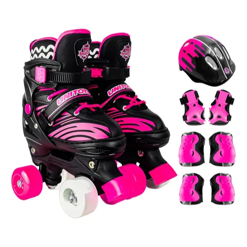 Patins Roller Infantil Preto com Rosa Com Kit Proteção Turma da Aventura - Unitoys