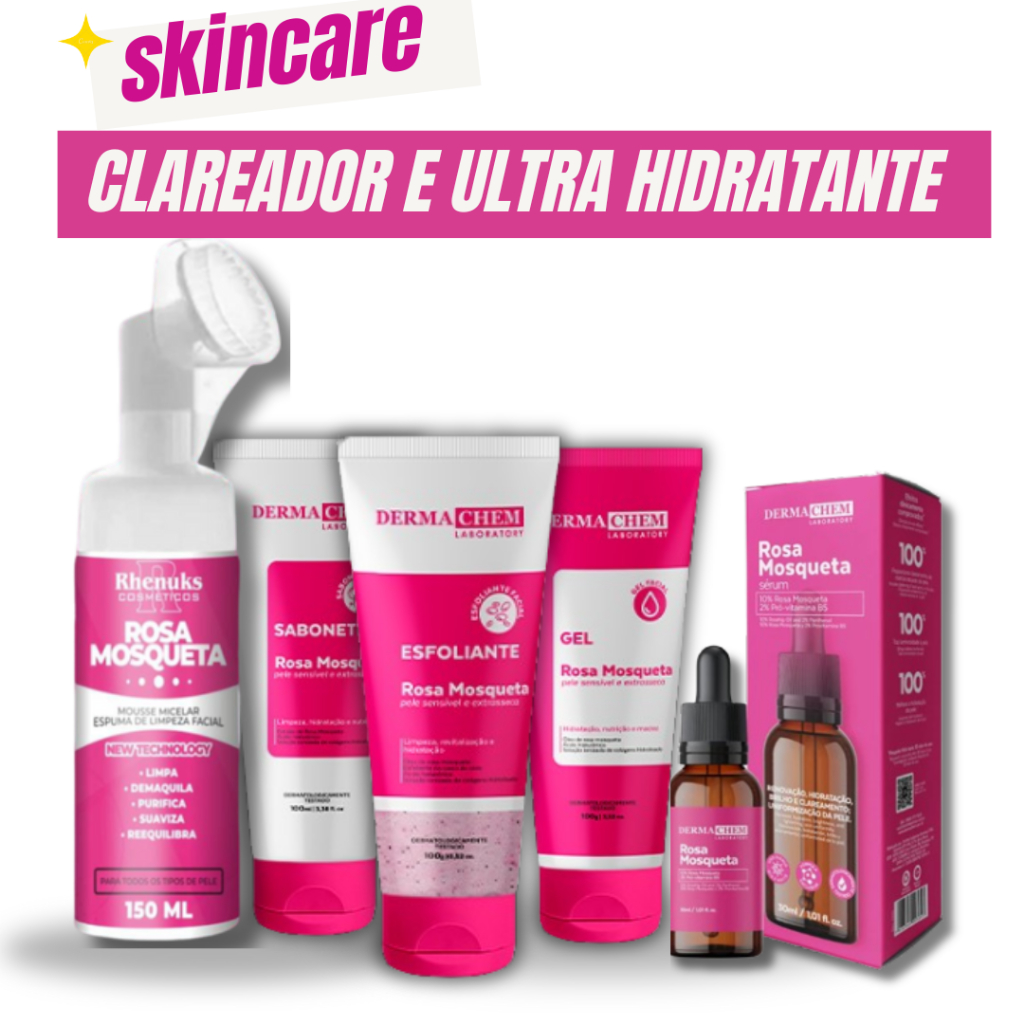 Kit Skincare Rosa Mosqueta CLAREADOR+Sérum Rosa Mosqueta 100% EFICACIA+Mousse Micelar R. Mosqueta Rhenuks-5 Itens em Oferta na Shopee