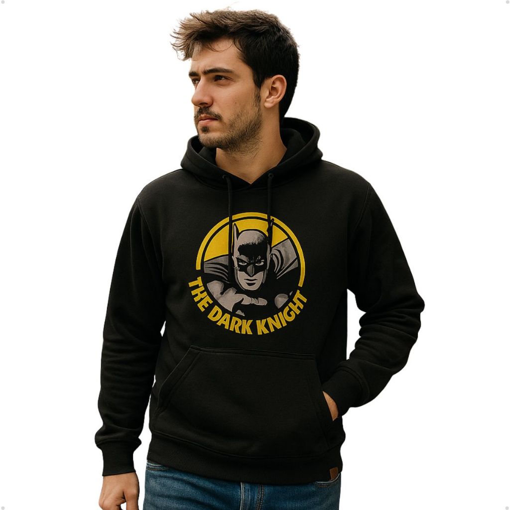 Moletom Preto com Capuz The Dark Knight Masculino – Estampa Batman, Quente e Confortável
