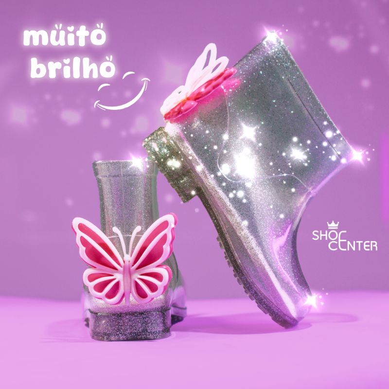 Galocha Infantil Menina Glitter Transparente com Borboleta – Bota de Chuva Infantil Antiderrapante Premium em Oferta na Shopee