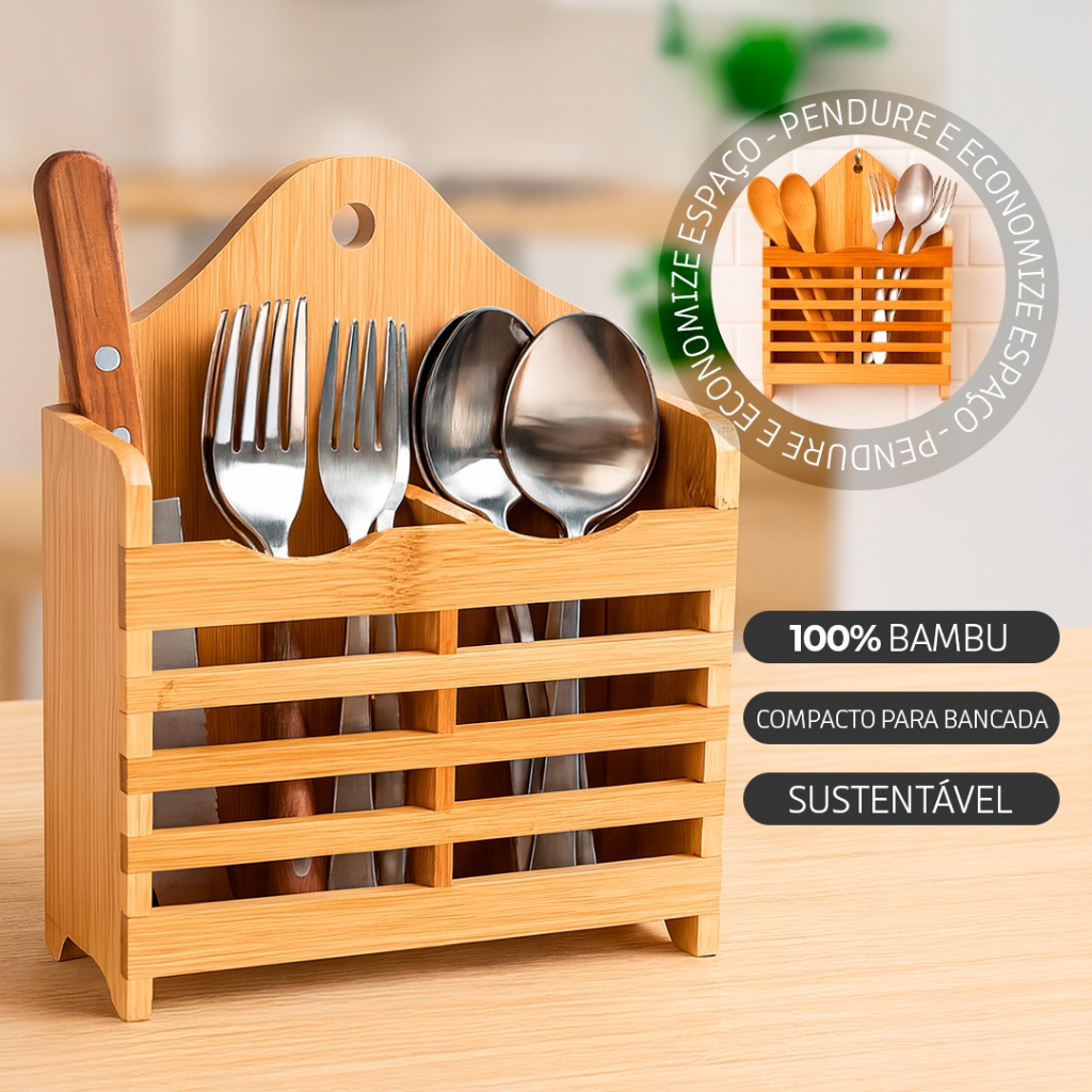 Porta-Talheres de Bambu Natural para Bancada e Parede