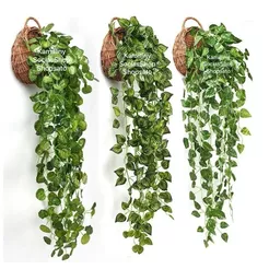 Arranjo 3 Pendentes Artificiais + Vaso de Planta Trançado Marrom Decoração Casa, Casamento, Quarto, Cozinha Verde