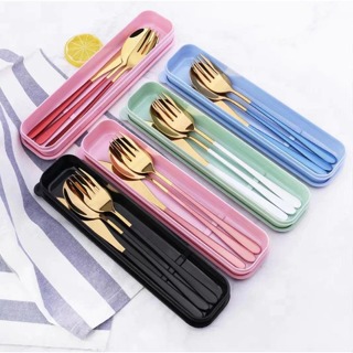 Jogo de talheres 3 peças + Estojo, aço inox Garfo Faca Colher de Mesa Dourado Otima qualidade para se Presentear SH-XXX em Oferta na Shopee