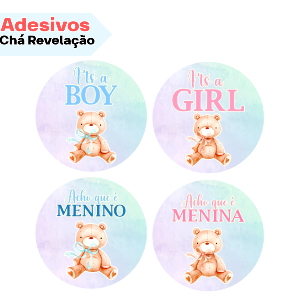 120 Adesivos p/ Chá Revelação Tema Verde e Lilas Ursinhos | Menino ou Menina | I'ts a Boy | I'ts a Girl