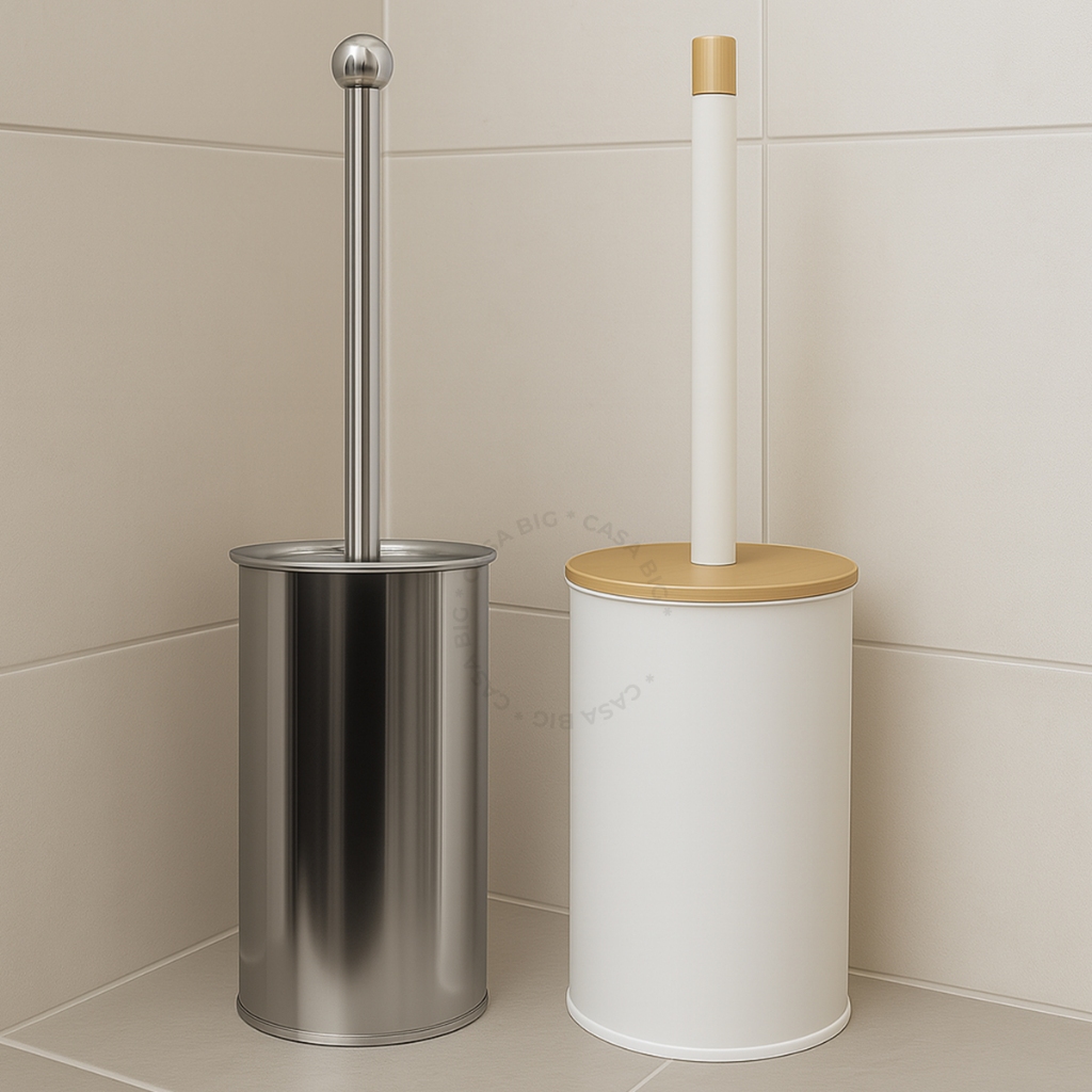 Escova Sanitária Cabo Inox Suporte Redondo Banheiro Detalhes em Bambu
