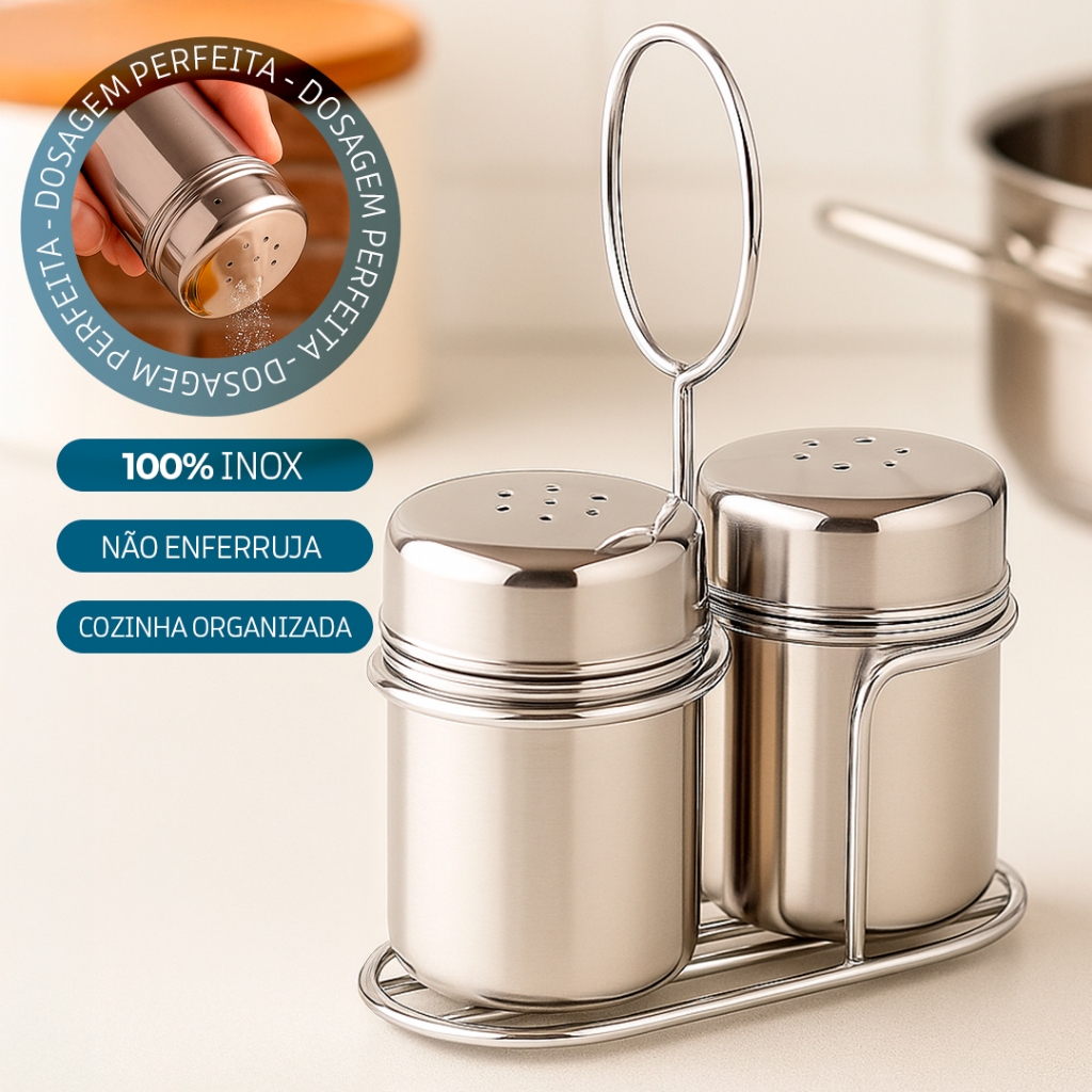 Saleiro e Pimenteiro Inox 2 Peças c/ Suporte – Porta Temperos p/ Cozinha e Mesa - Dolce Home