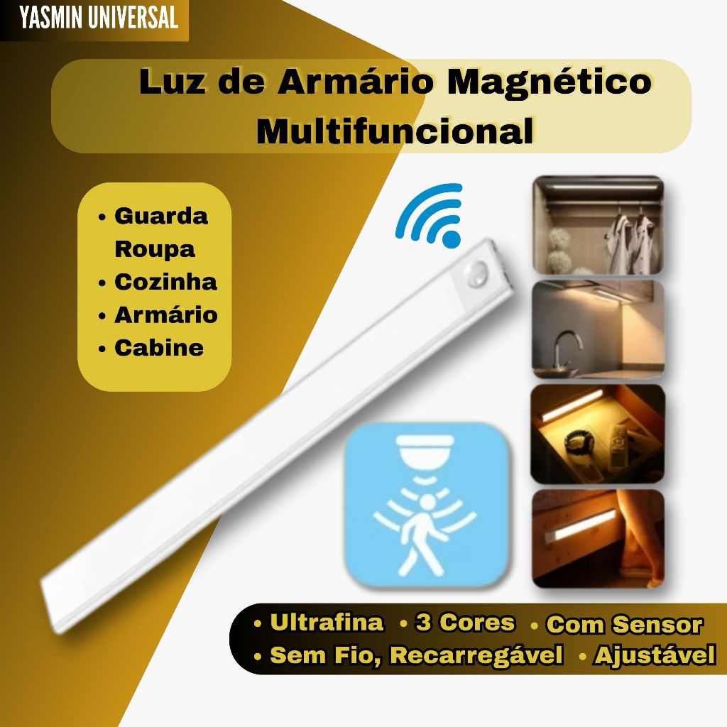 Luzes De Armário LED Ultrafinas Sem Fio Magnéticas Multifuncionais Ajustáveis TYPE-C Recarregáveis 3 Cores Sensor Luz De