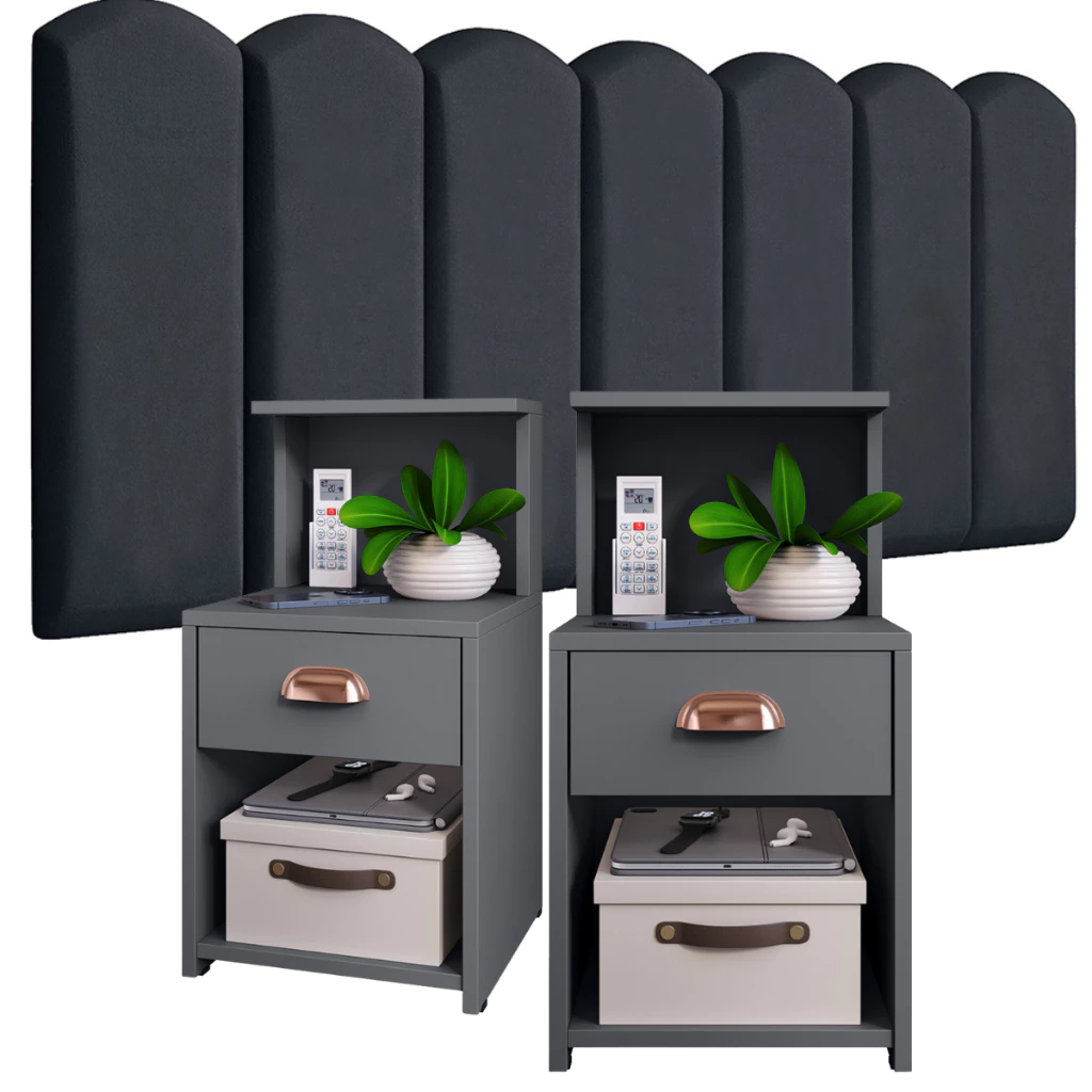 Conjunto de Cabeceiras em Módulos NÚVEM com 1 kit Mesa de Cabeceira CLÉO com 1 Gaveta e Prateleira - Cores