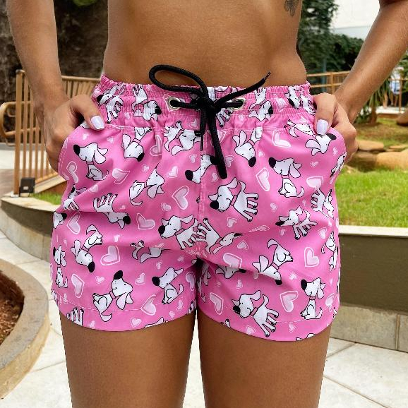Short Feminino Tactel Com Elastano Saída De Praia Piscina Academia Estampadas Little Dog