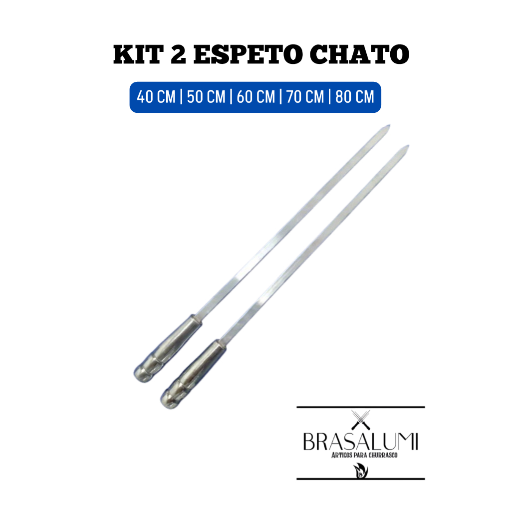 espeto para churrasco kit com 2 espetos chato 40 cm a 80cm