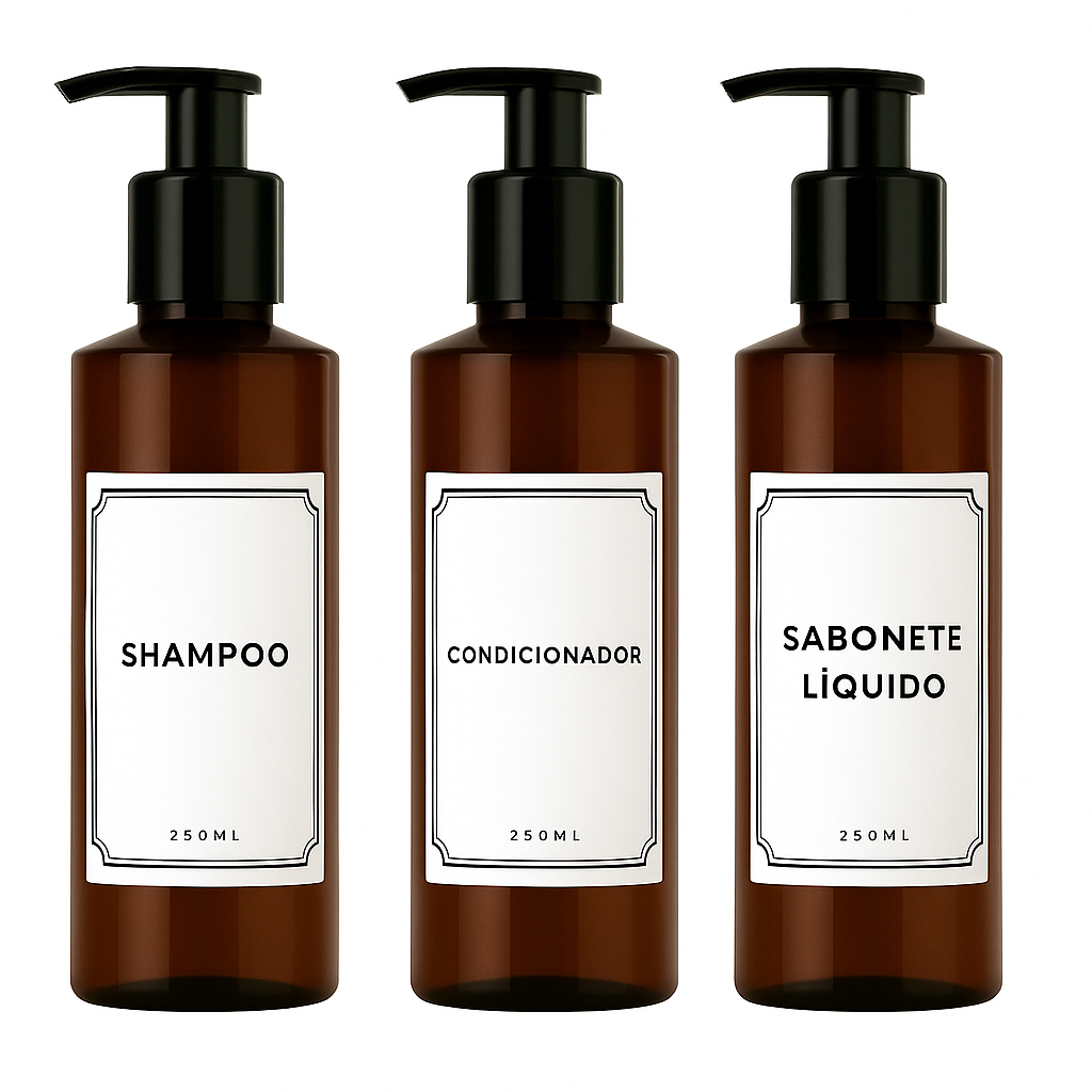 Kit de Viagem Frasco 250ml Organizador de Banheiro Lavabo Sabonete Líquido Shampoo Condicionador