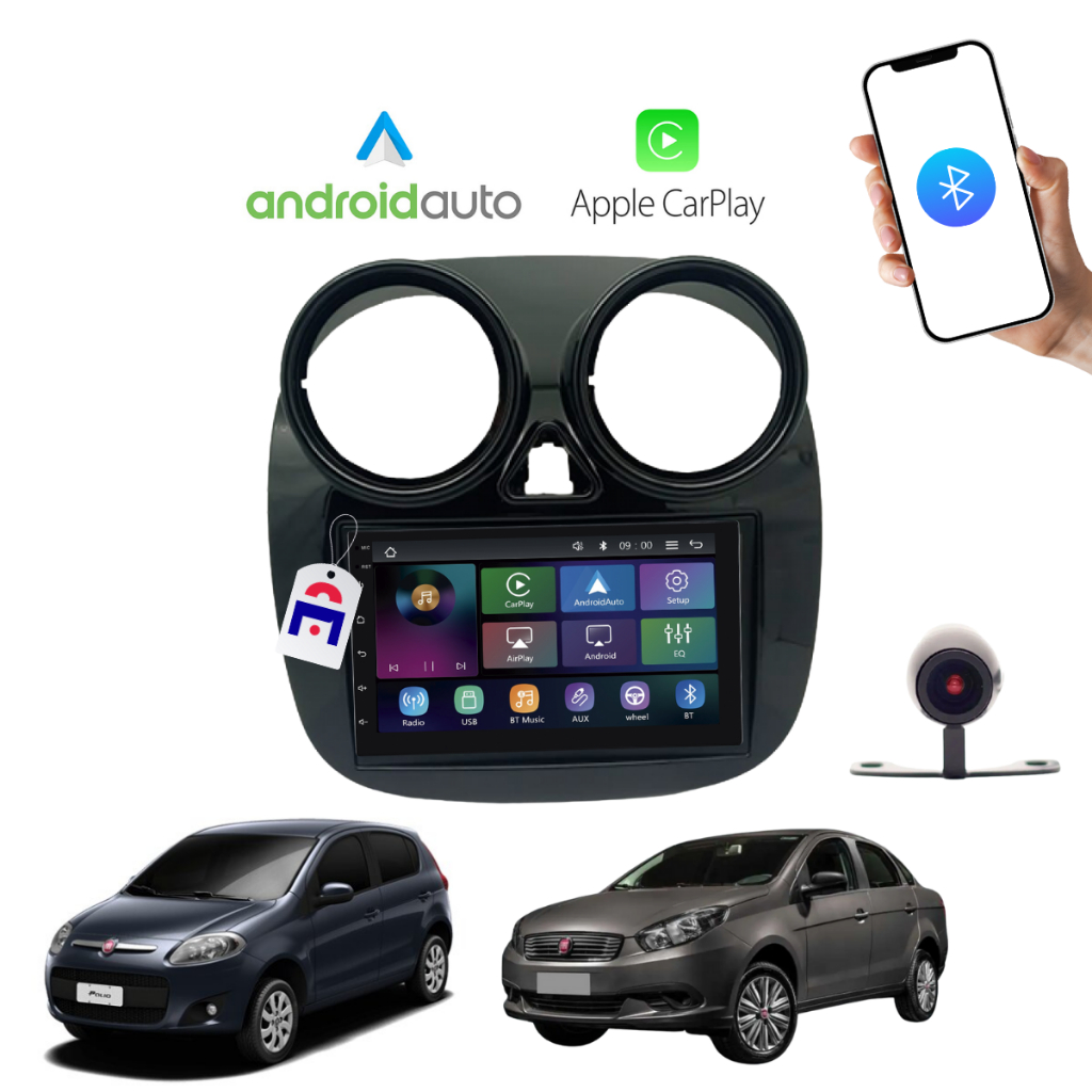 Kit Central Multimídia Palio Attractive 12/17 Grand Siena 2021 2 Din 7 Pol Carplay Android Auto Sem Fio + Câmera de Ré em Oferta na Shopee