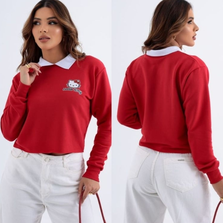 Blusa Cropped Moletom Femenino Com Gola Branca Moda Bloqueira