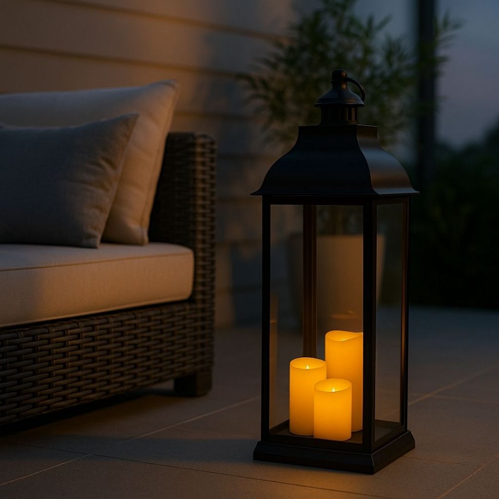 Luminária Lanterna Decorativa com 3 Velas LED – 69cm, Vidro e Plástico – Cores Preto ou Branco
