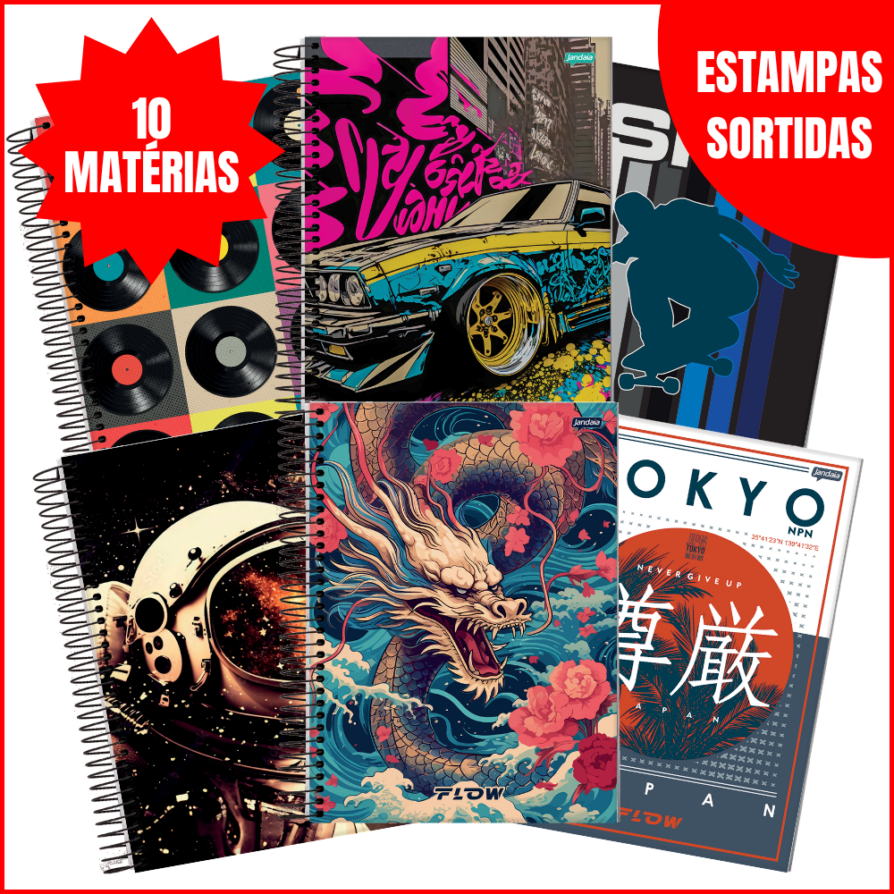 Caderno 10 Matérias Jandaia 160 Flhas Capa Dura Grande Estampas Variadass