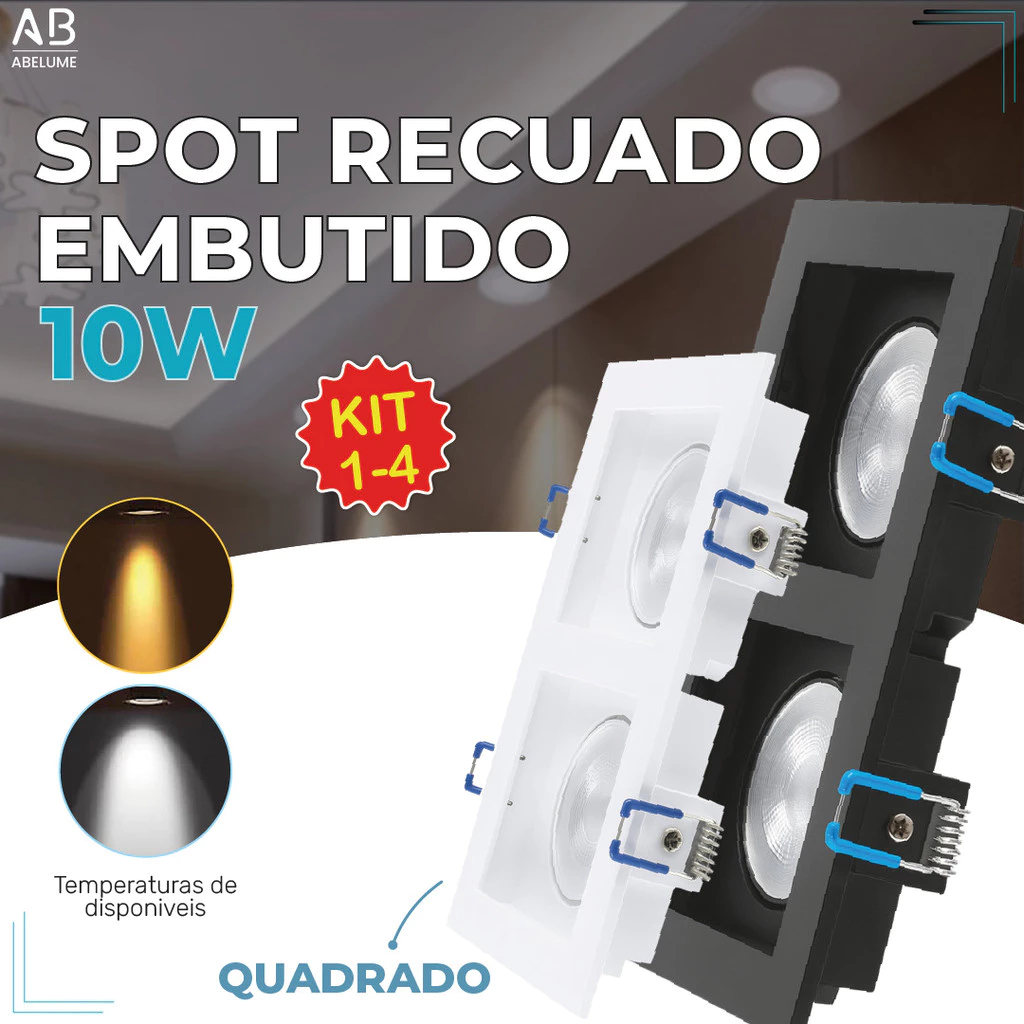 Kit 4 Spot Embutido Recuado Led 10W Duplo Preto e Branco Iluminação Branco Luz Fria e Quente Bivolt - Home & Living